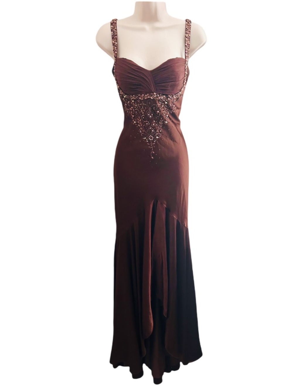Dave & Johnny Vintage Beaded 100% Silk Maxi Dress Chocolate Brown Size 9/10